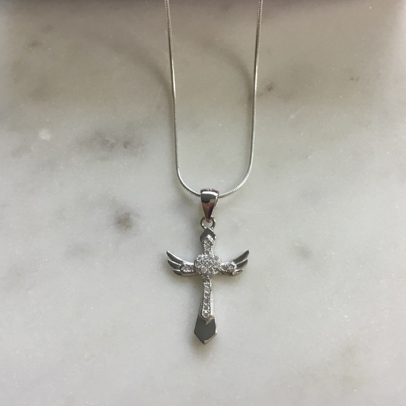 Sterling Silver Cz Cross with Angel Wings Necklace - Picture 9 of 16